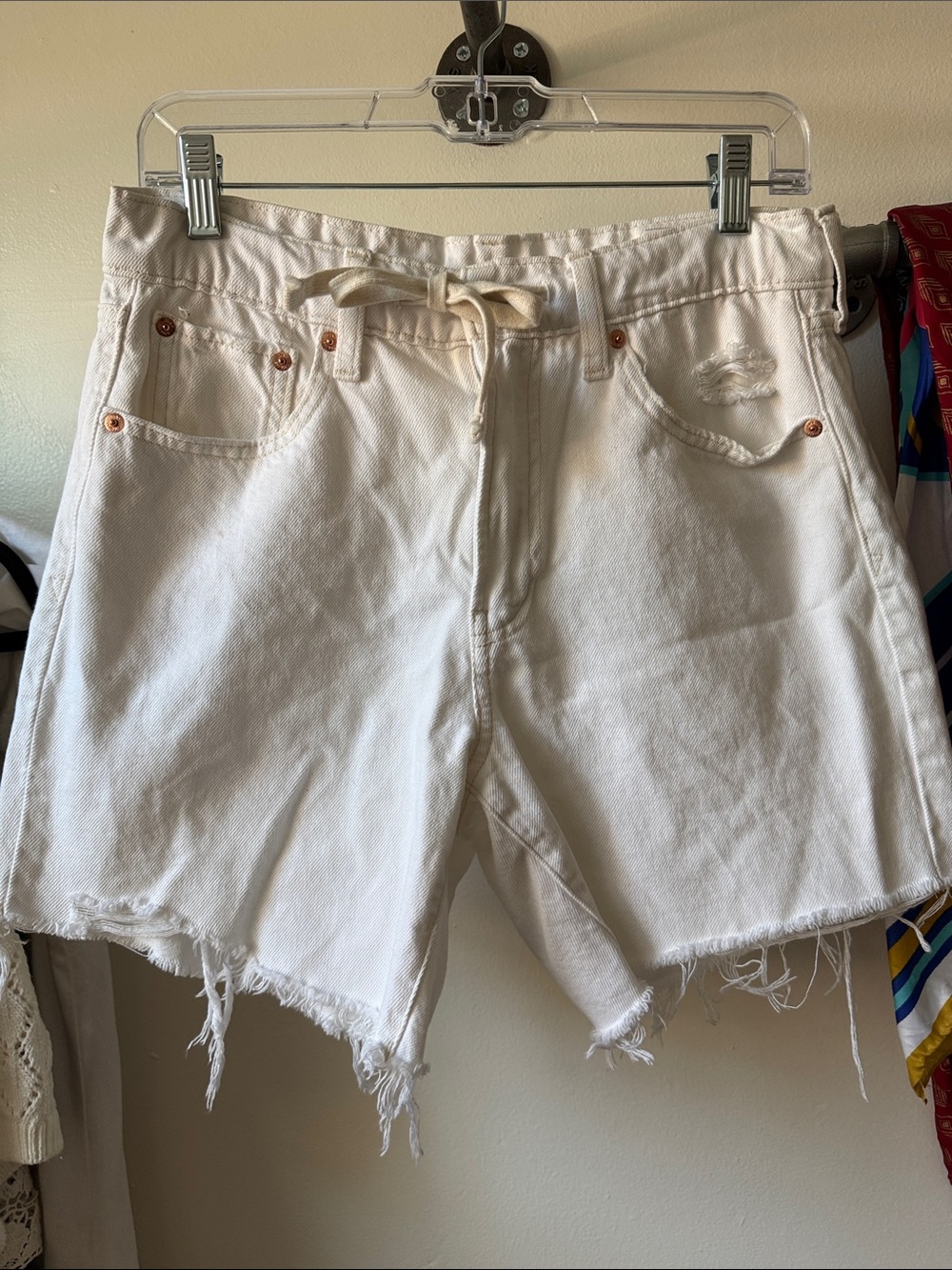 GAP White Distressed Denim Shorts with Drawstring
